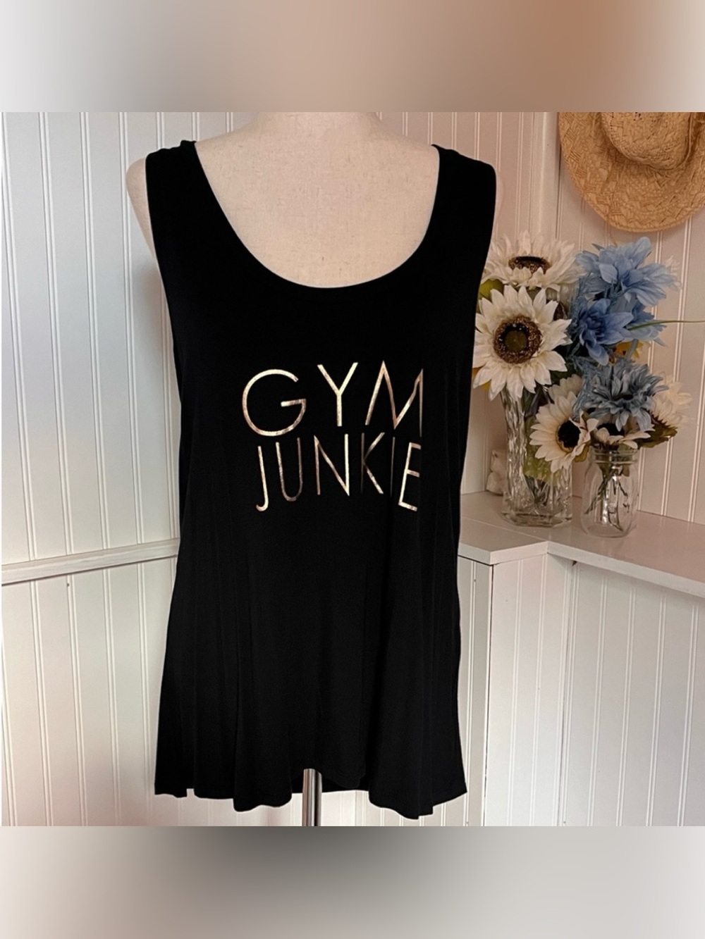 Black Tank Top with Gold 'GYM JUNKIE' Graphic